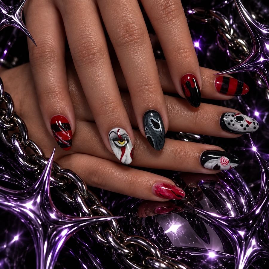 Nail art de terror em vermelho, preto e branco pintada à mão