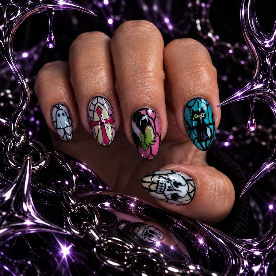 Unhas em estilo vitral com fantasma, cruz, gato preto e caveira