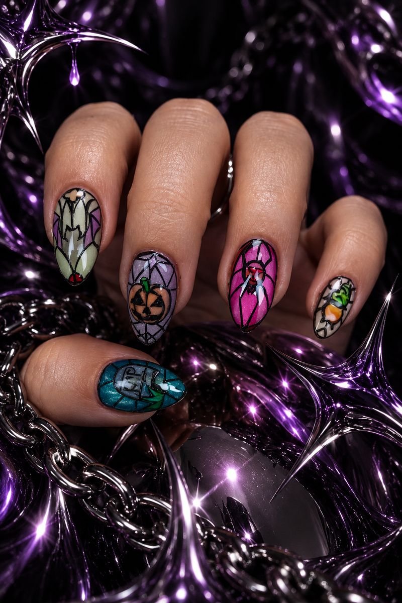 Unhas em vitral de Halloween com morcego, abóbora e teia