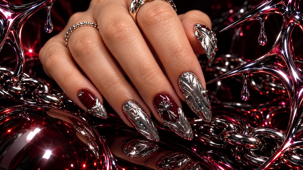 Unhas stiletto em vinho e cromado com relevo e charm